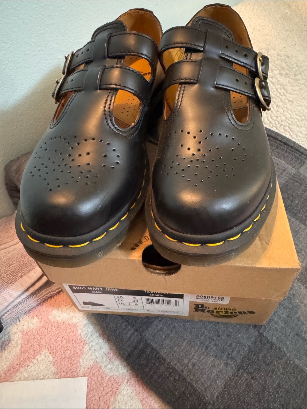Dr. Martens Black Mary Jane Flats with Yellow Stitching
